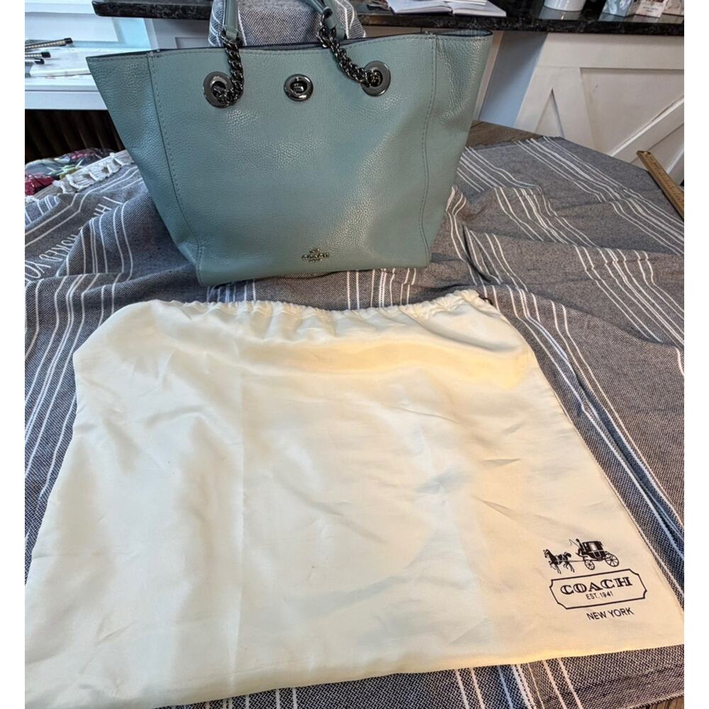 Coach Light Blue Pebbled Shoulder Bag with Chain, Logo, Turn Lock & Tag Accent - Picture 4 of 13